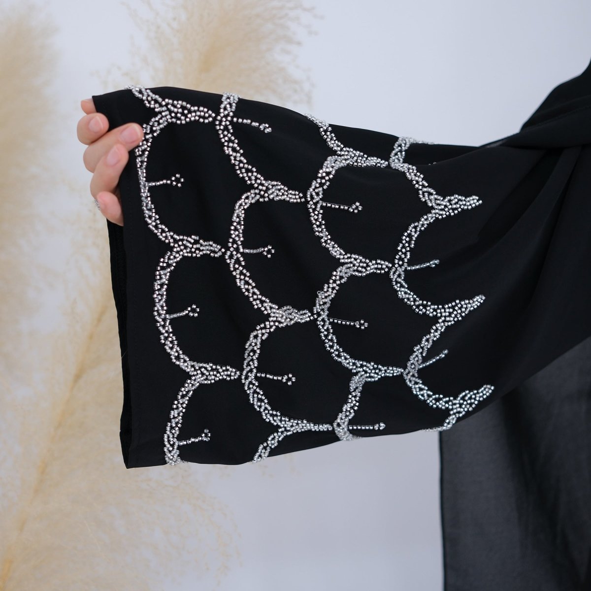 Hand - Beaded Abaya with Hijab | Scallop Pattern Embellished Cardigan (MOA249) - Mariam's Collection