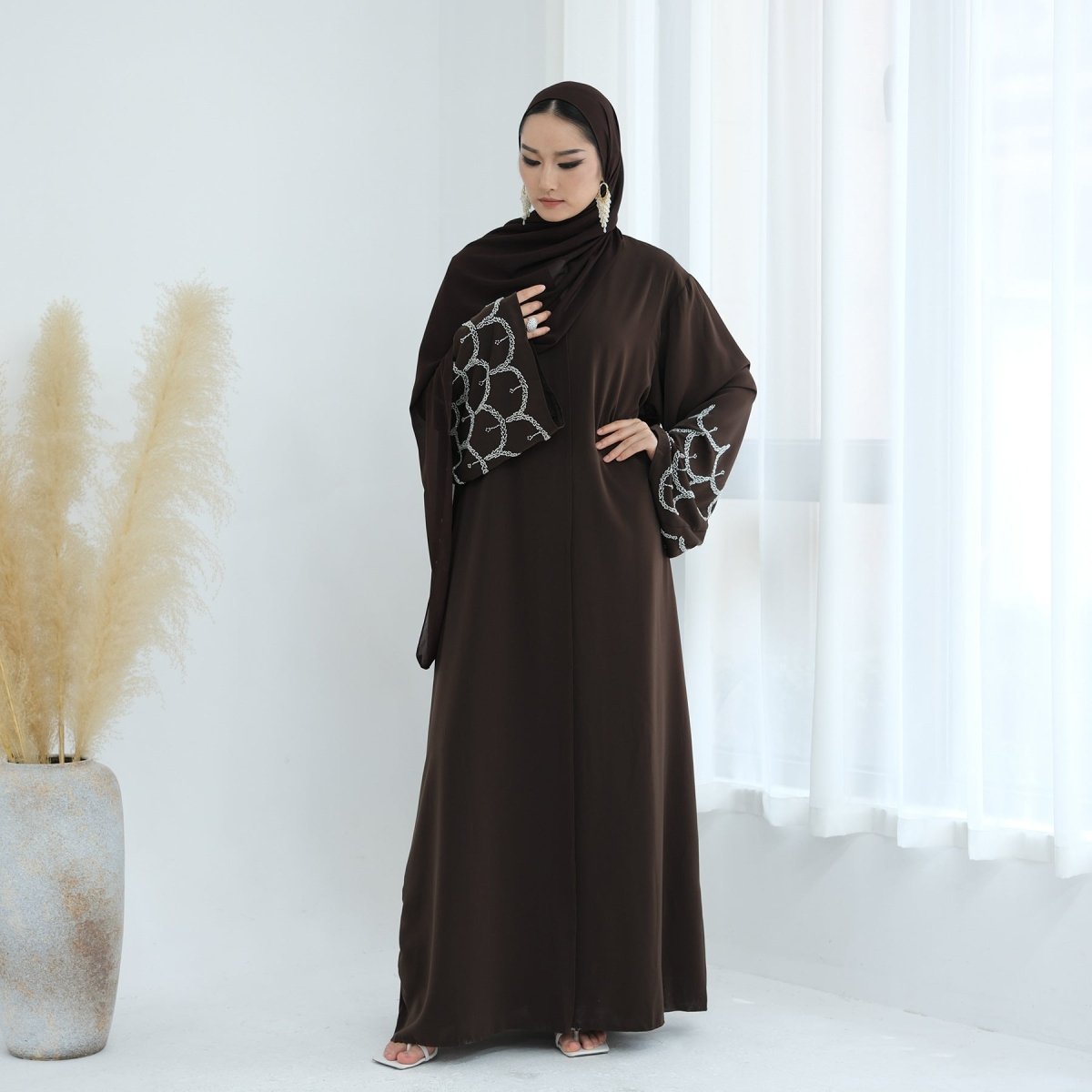 Hand - Beaded Abaya with Hijab | Scallop Pattern Embellished Cardigan (MOA249) - Mariam's Collection