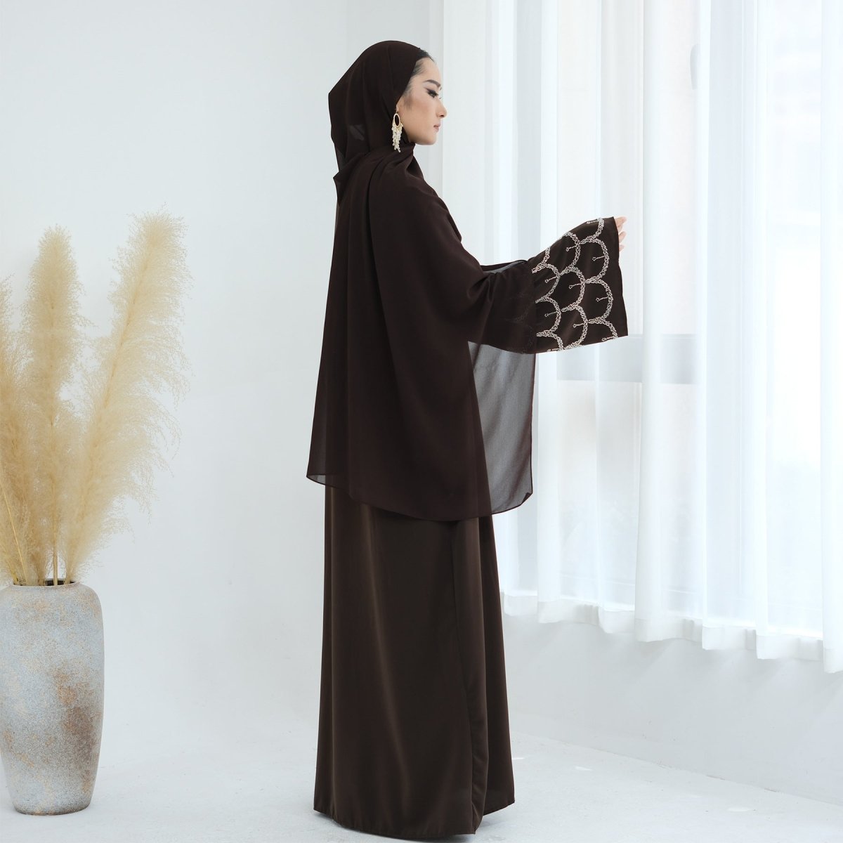 Hand - Beaded Abaya with Hijab | Scallop Pattern Embellished Cardigan (MOA249) - Mariam's Collection