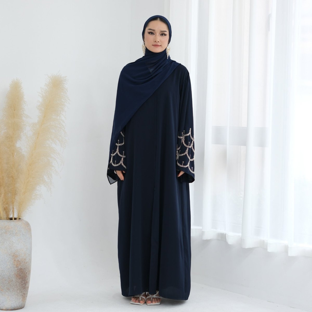 Hand - Beaded Abaya with Hijab | Scallop Pattern Embellished Cardigan (MOA249) - Mariam's Collection