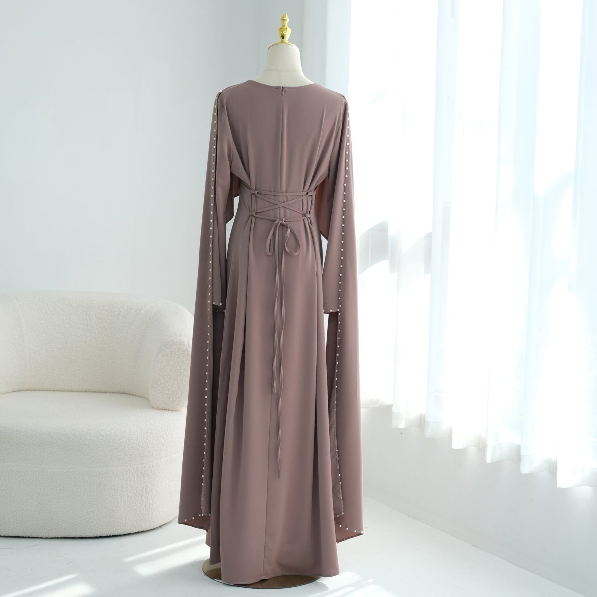 Hand-Beaded Pearl Cape Sleeve Nida Maxi Dress(MS439) - Mariam's Collection