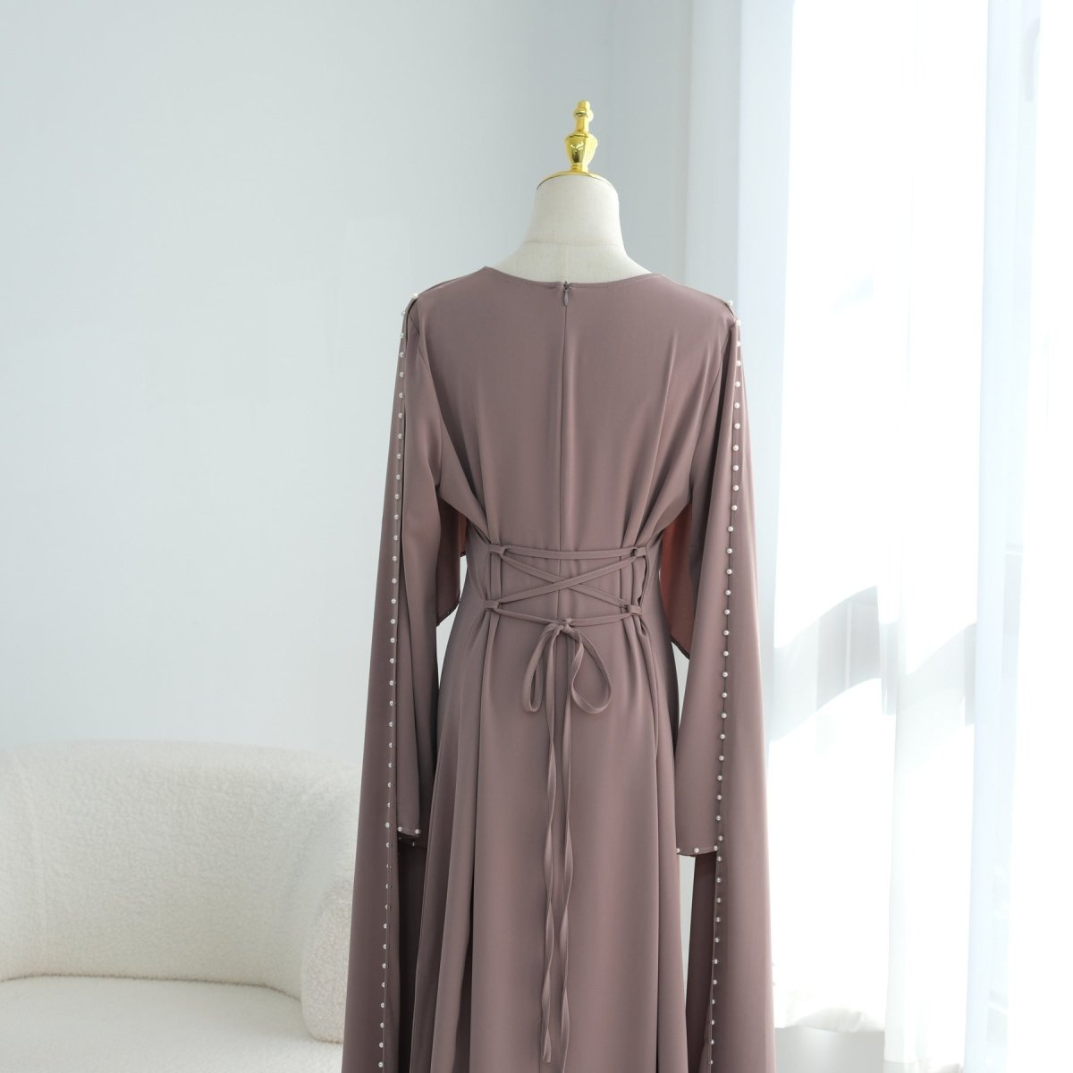 Hand-Beaded Pearl Cape Sleeve Nida Maxi Dress(MS439) - Mariam's Collection