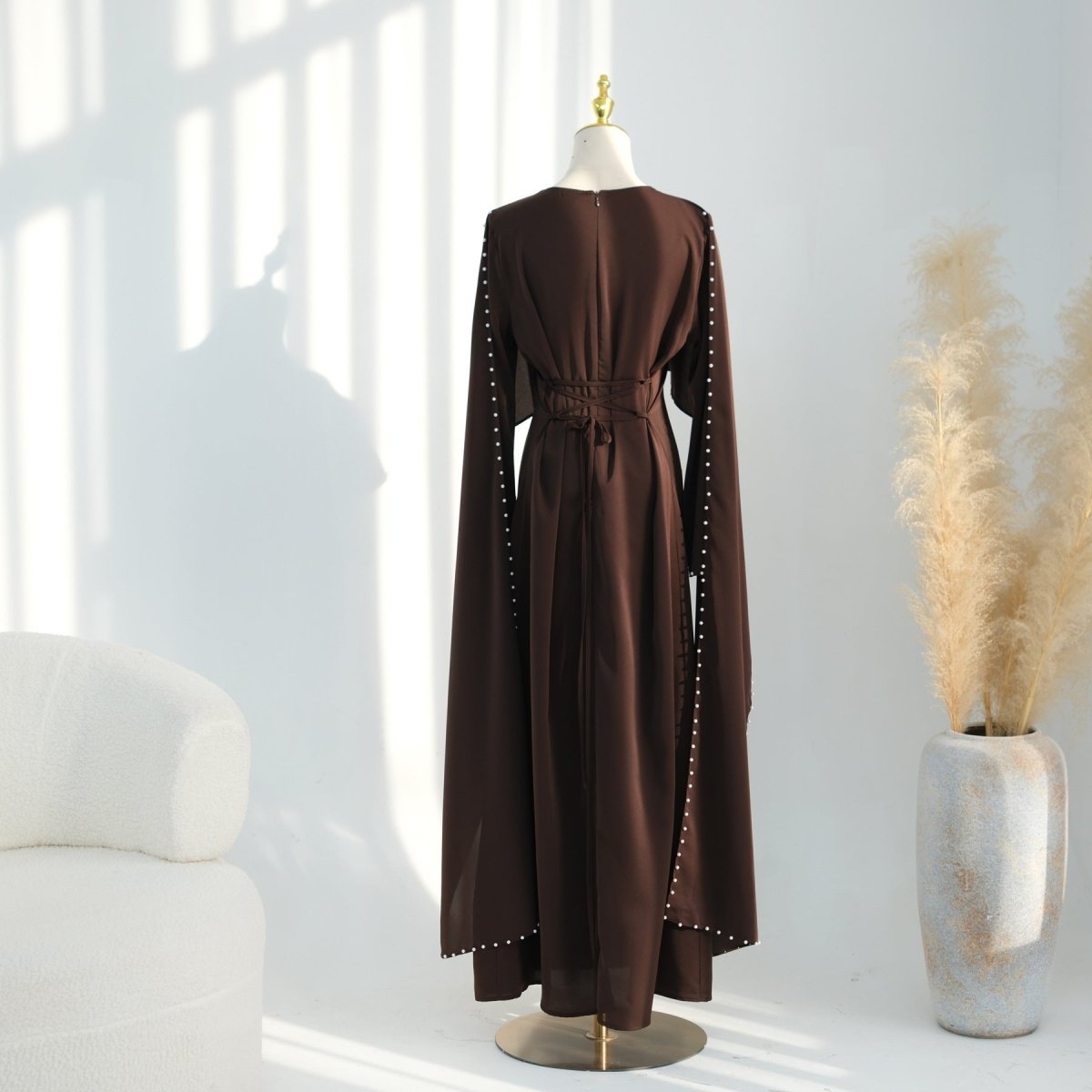 Hand-Beaded Pearl Cape Sleeve Nida Maxi Dress(MS439) - Mariam's Collection