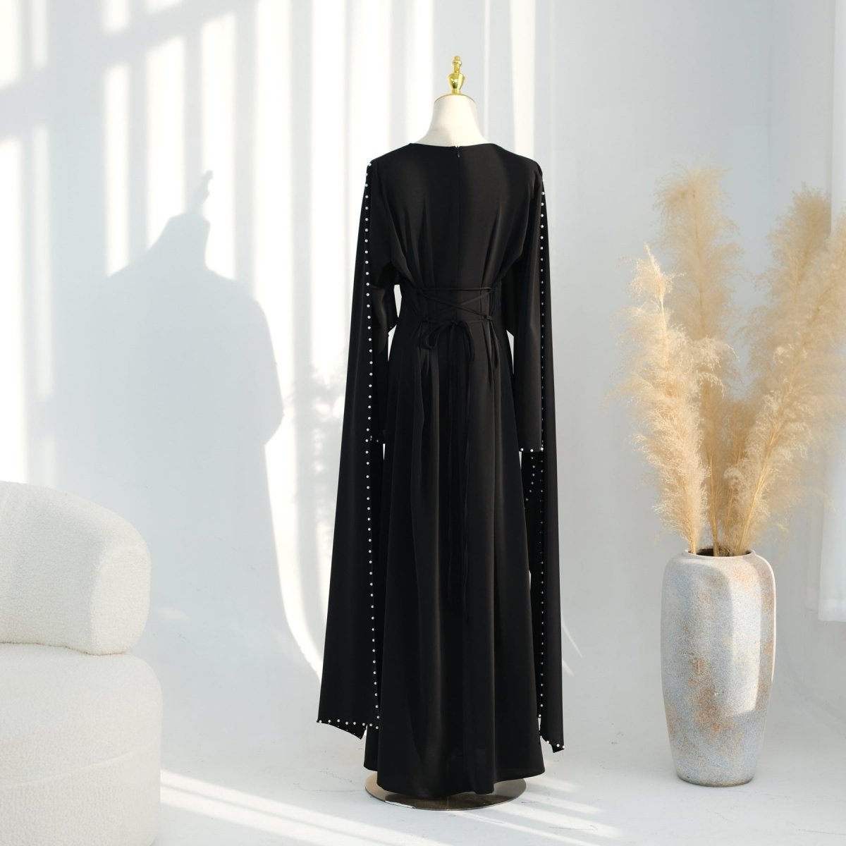 Hand-Beaded Pearl Cape Sleeve Nida Maxi Dress(MS439) - Mariam's Collection