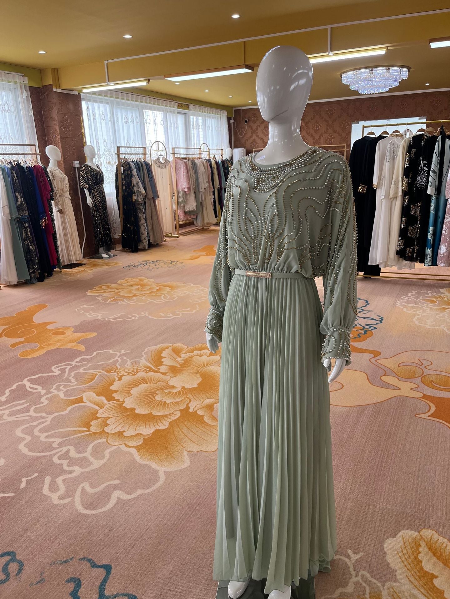 Ivory colourway — classic formal handbeaded occasion dress with pleated skirt