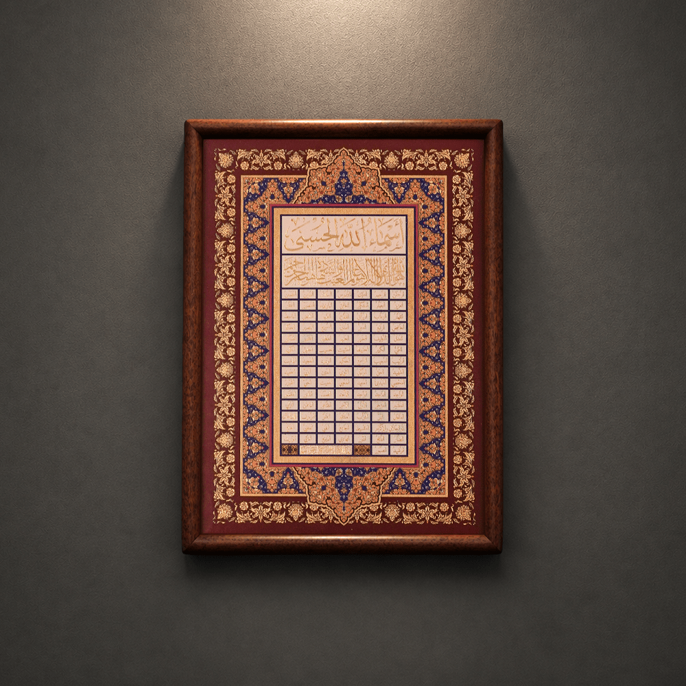 Ayat al-Kursi floral blue framed calligraphy design