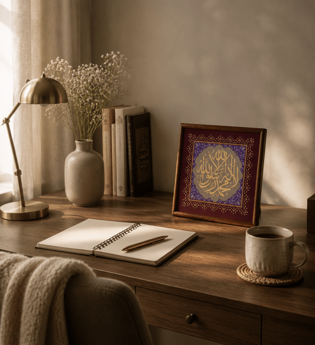 Close-up of copper relief detailing on Islamic calligraphy wood frame