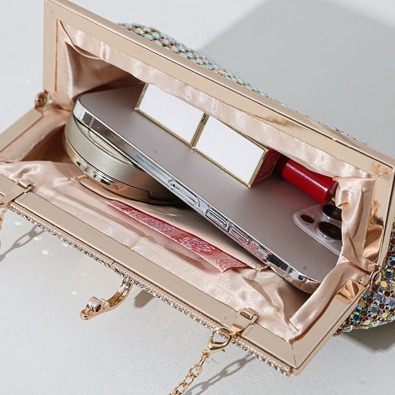 Close-up of densely set crystal rhinestones on evening clutch