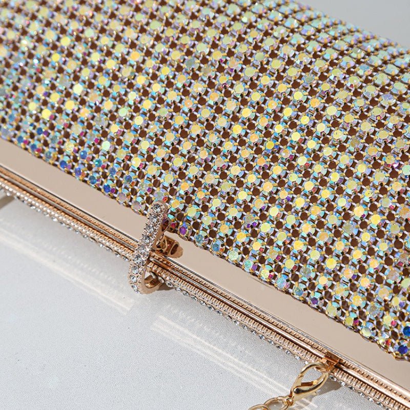 Model wearing crystal clutch as a crossbody shoulder bag