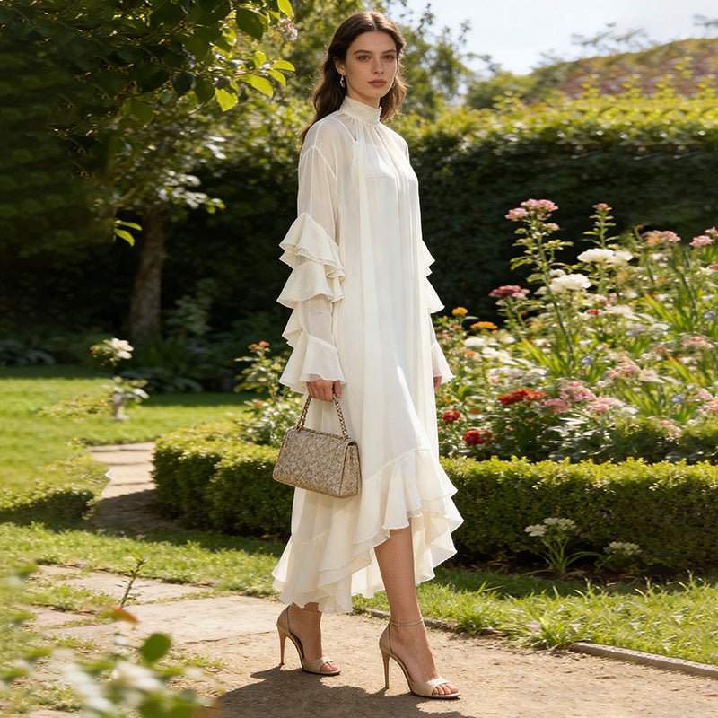 High Neck Ruffle Sleeve Dress – White Chiffon Party Dress