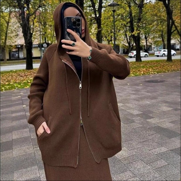 Hooded Knit Cardigan Skirt Set – Modest Knit Skirt Set