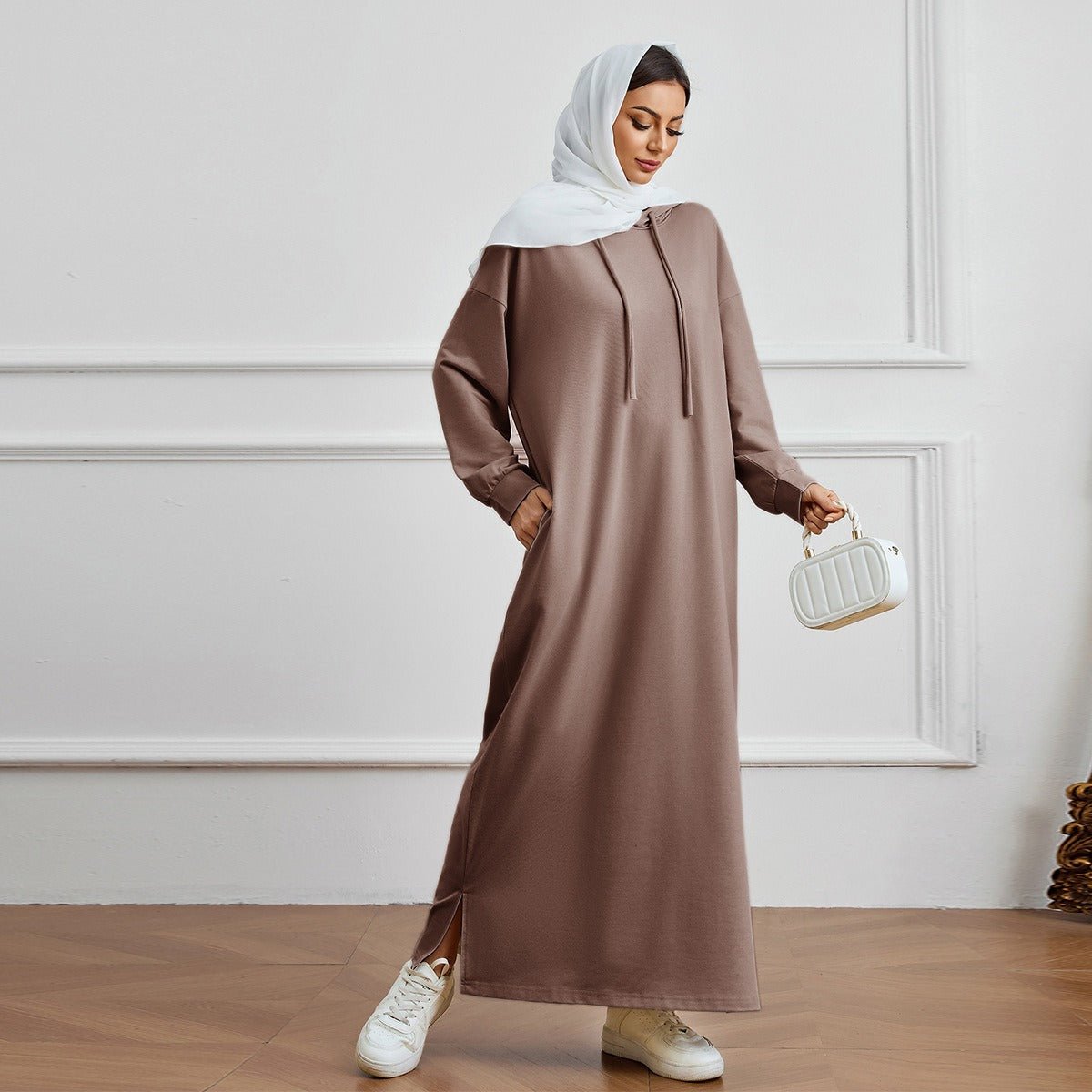 Hooded Pocket Casual Solid Color Dress Robe - Modest Long Sleeve Lounge Dress with Drawstring Hood(MA282) - Mariam's Collection