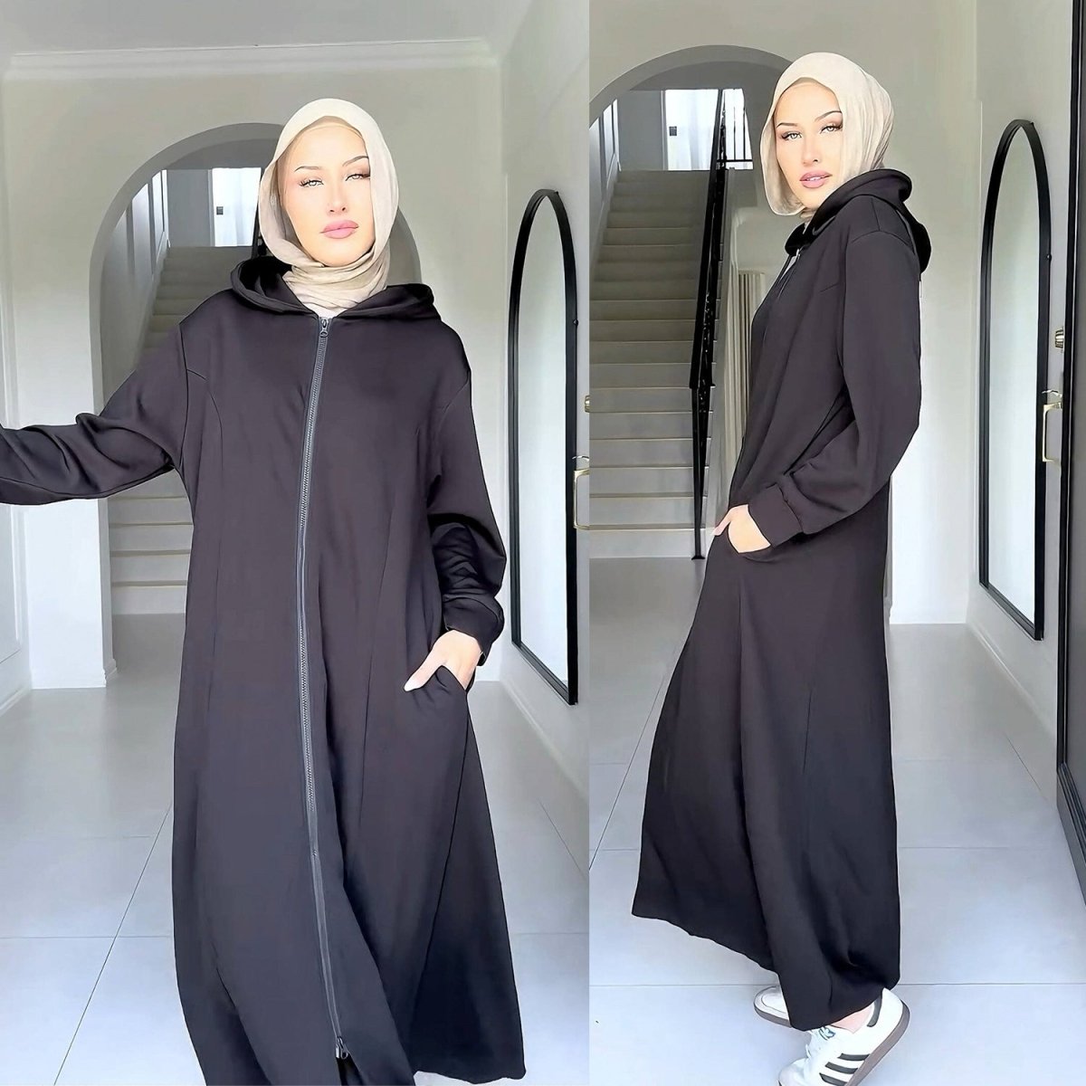Hooded Zip - Front Abaya with Pockets(MA389) - Mariam's Collection
