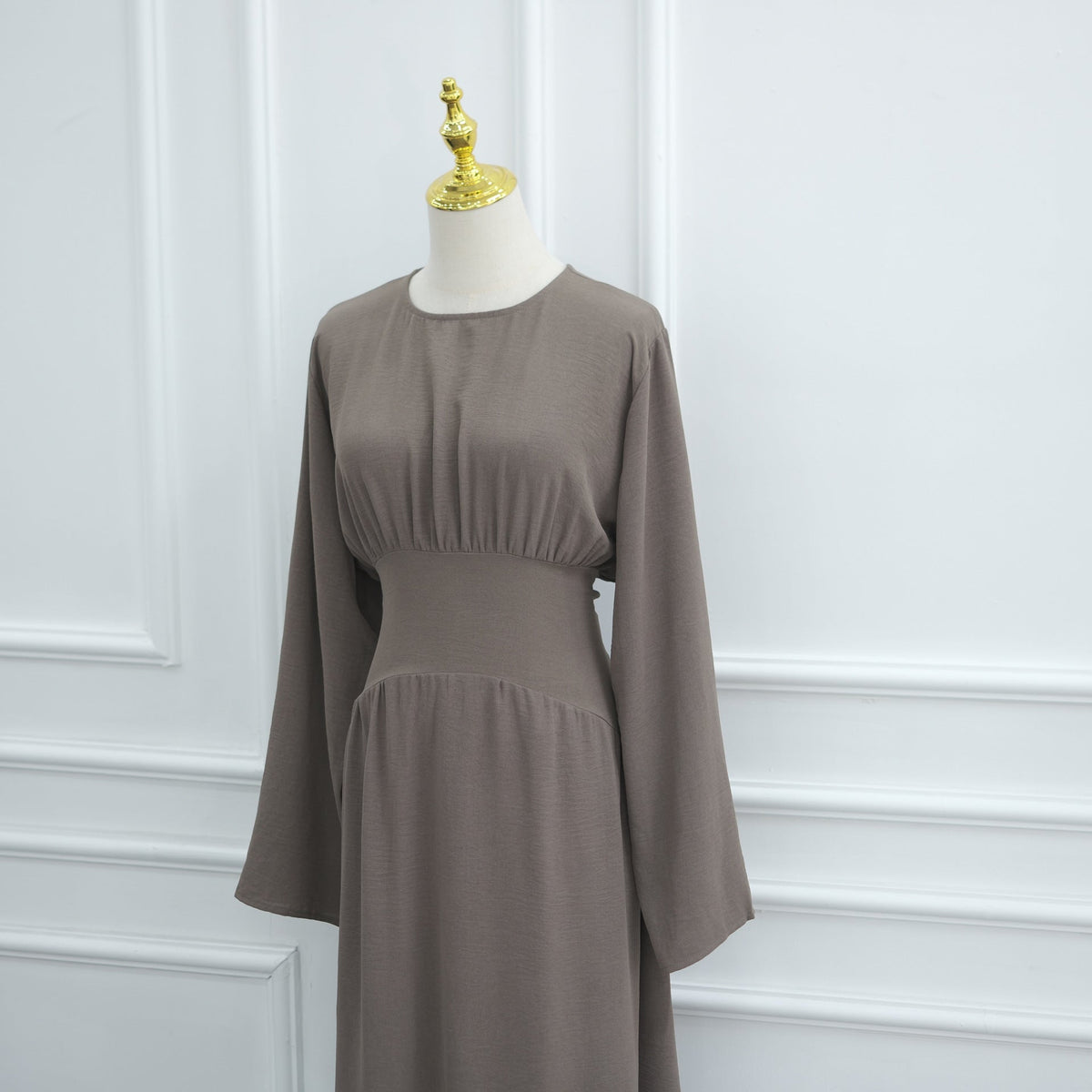 Front view of ice silk crinkle gathered waist dress