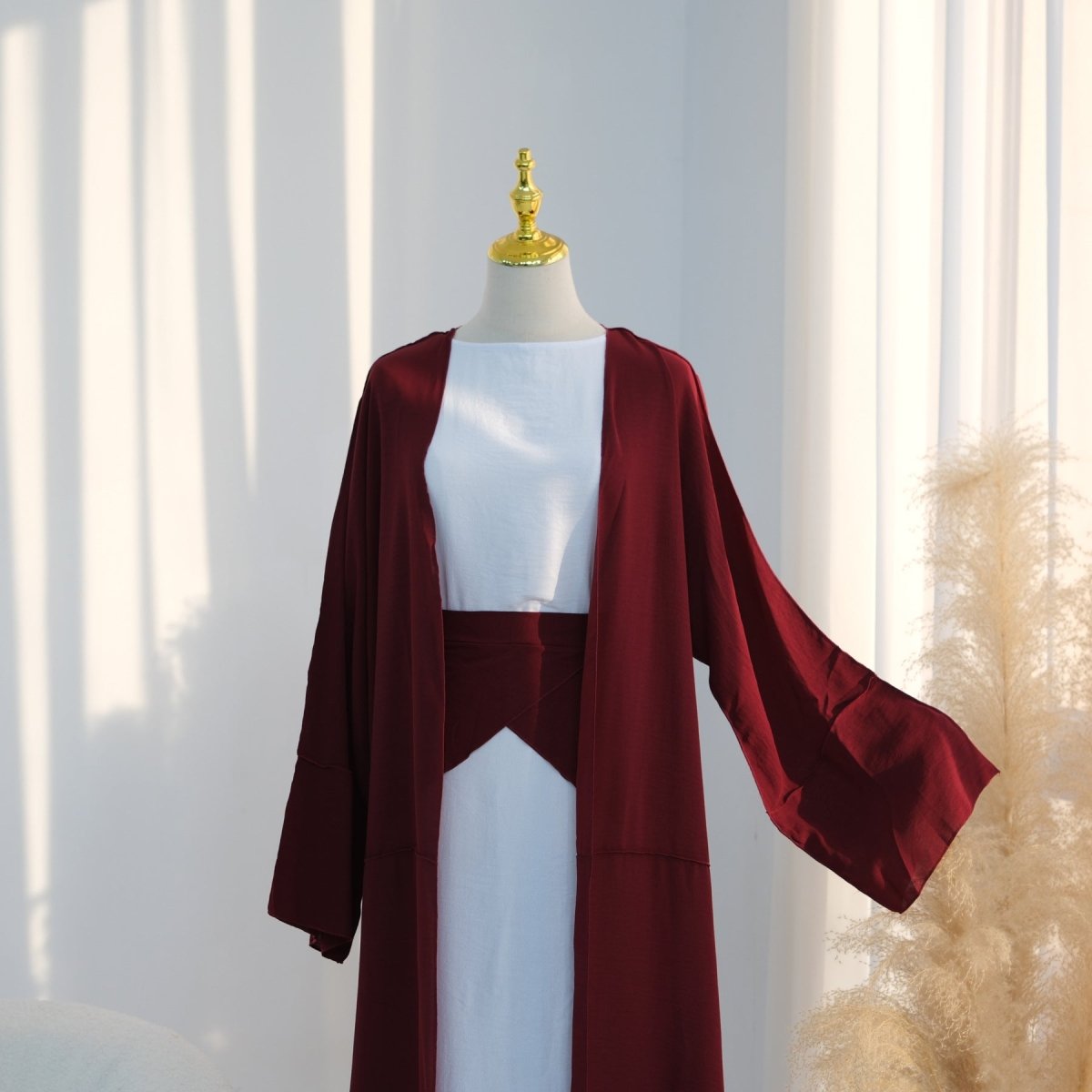 Ice Silk Crinkle Open Abaya with Wide Belt(MOA283) - Mariam's Collection