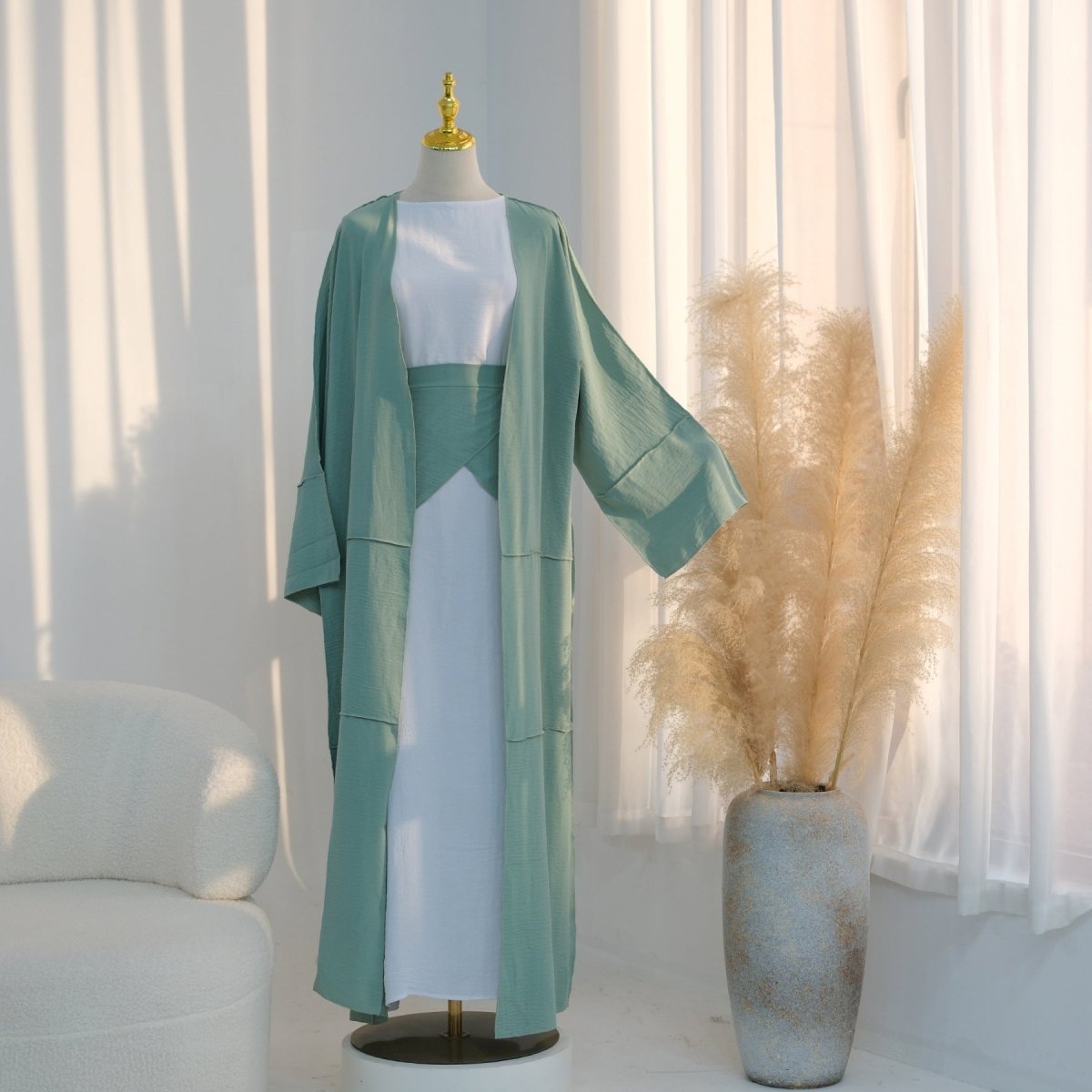 Ice Silk Crinkle Open Abaya with Wide Belt(MOA283) - Mariam's Collection