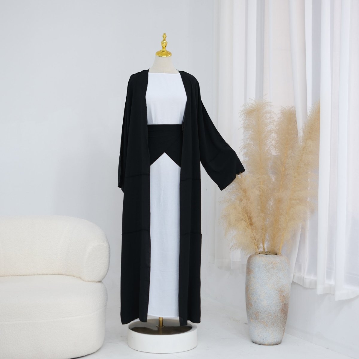 Ice Silk Crinkle Open Abaya with Wide Belt(MOA283) - Mariam's Collection