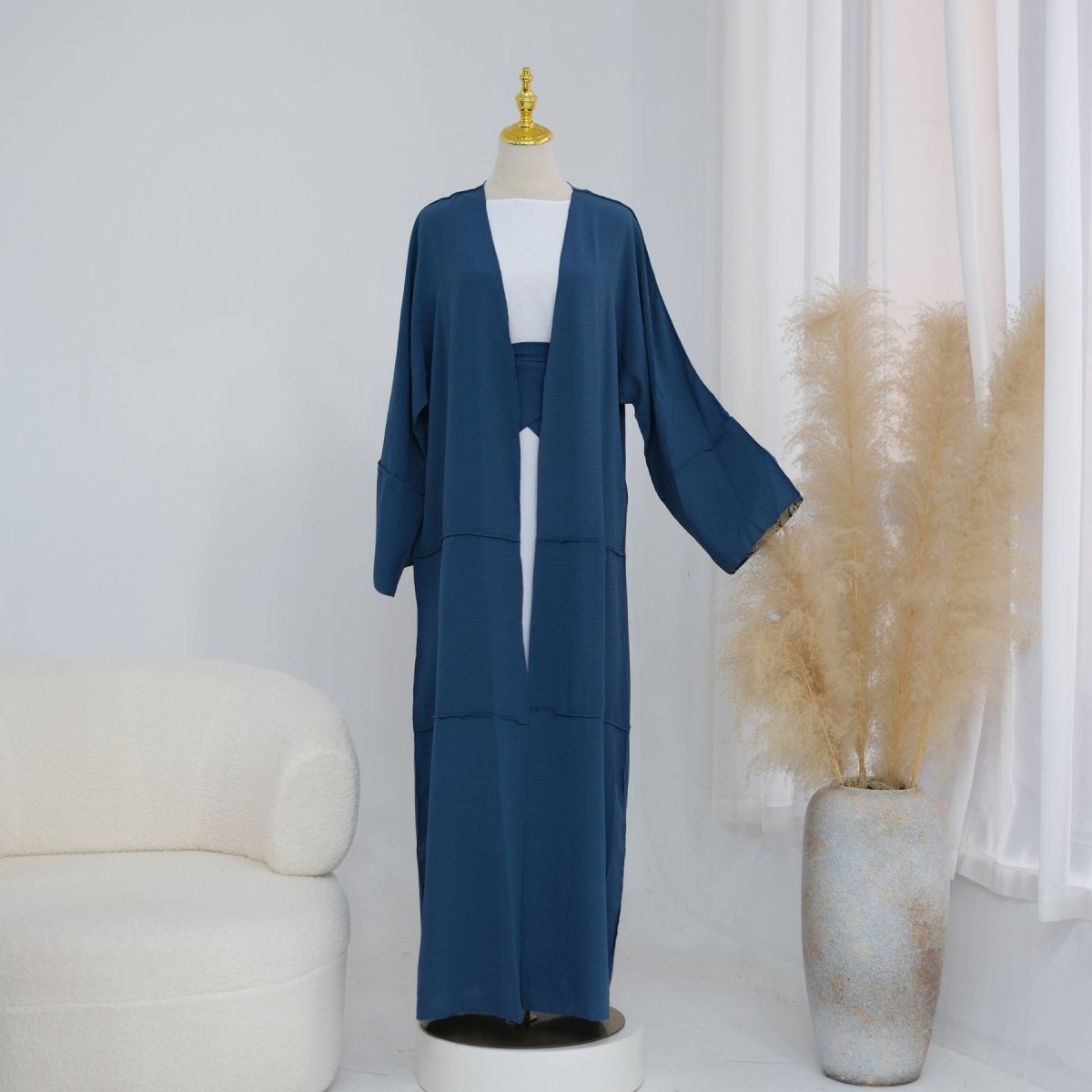 Ice Silk Crinkle Open Abaya with Wide Belt(MOA283) - Mariam's Collection