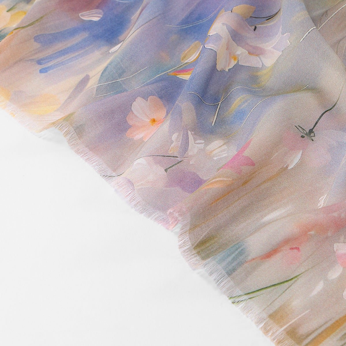 Full 180x70cm floral hijab scarf laid flat showing print composition