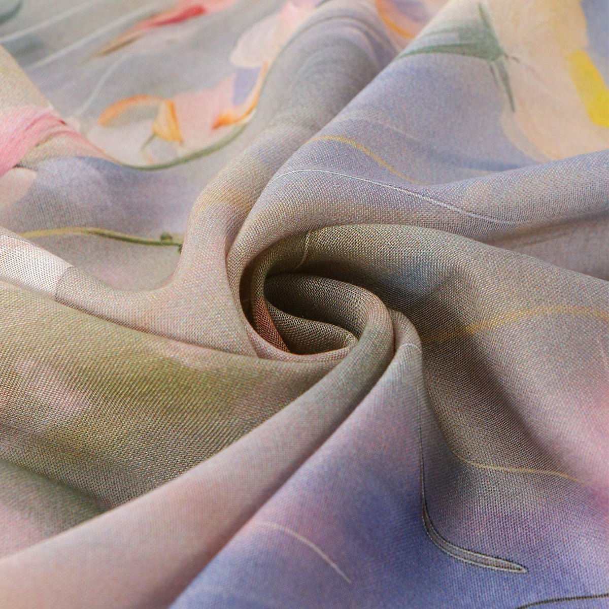 Close-up of impressionist watercolour floral print on warm grey ground