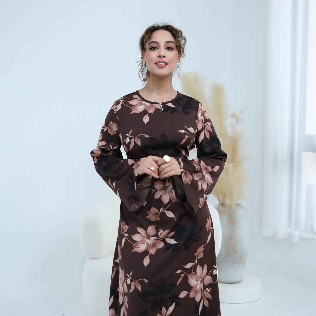Ink Floral Satin Maxi Dress(MA434) - Mariam's Collection