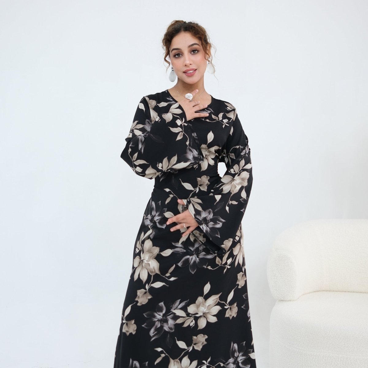 Ink Floral Satin Maxi Dress(MA434) - Mariam's Collection