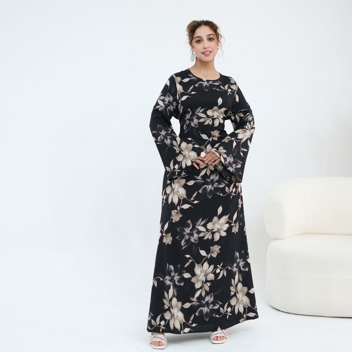 Ink Floral Satin Maxi Dress(MA434) - Mariam's Collection