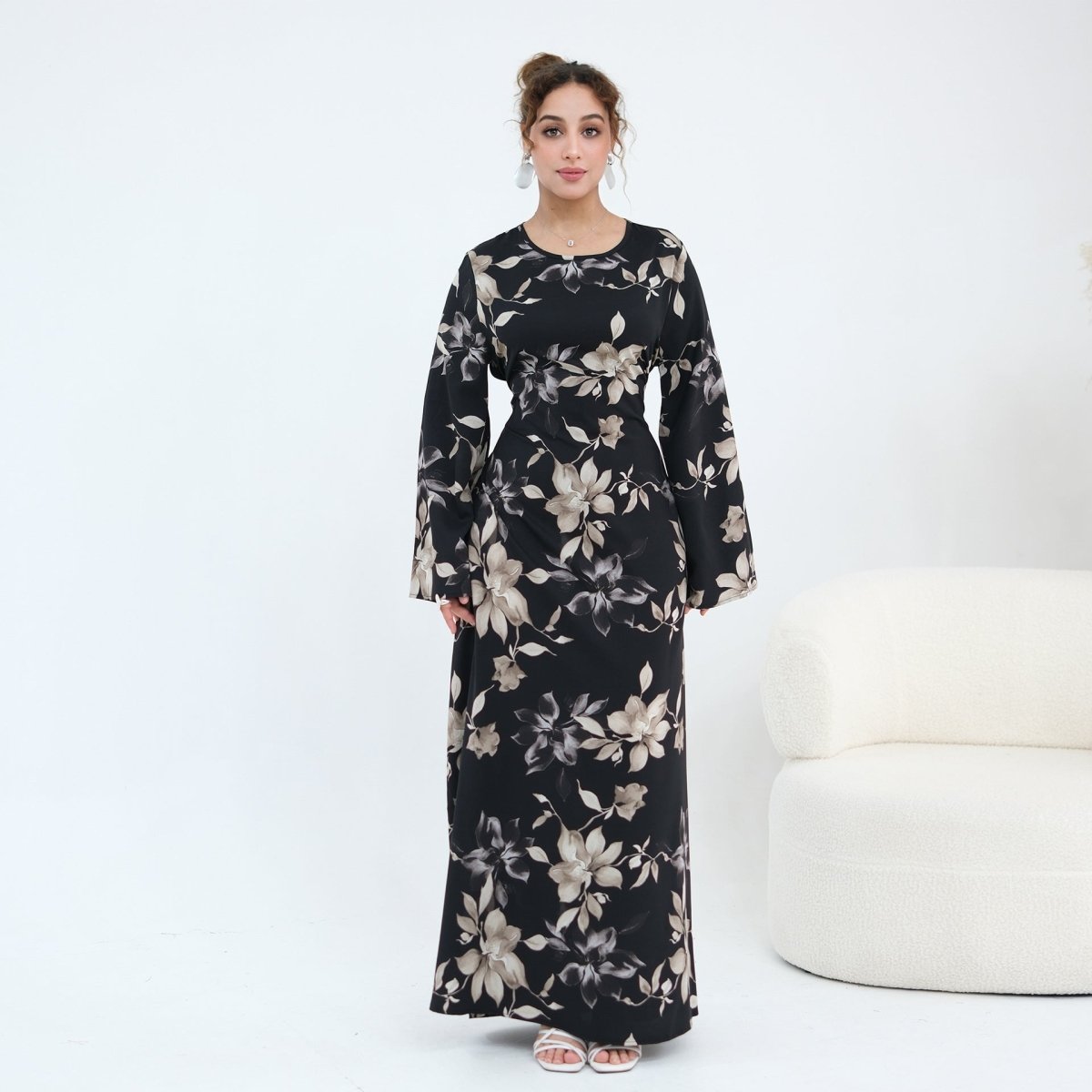 Ink Floral Satin Maxi Dress(MA434) - Mariam's Collection