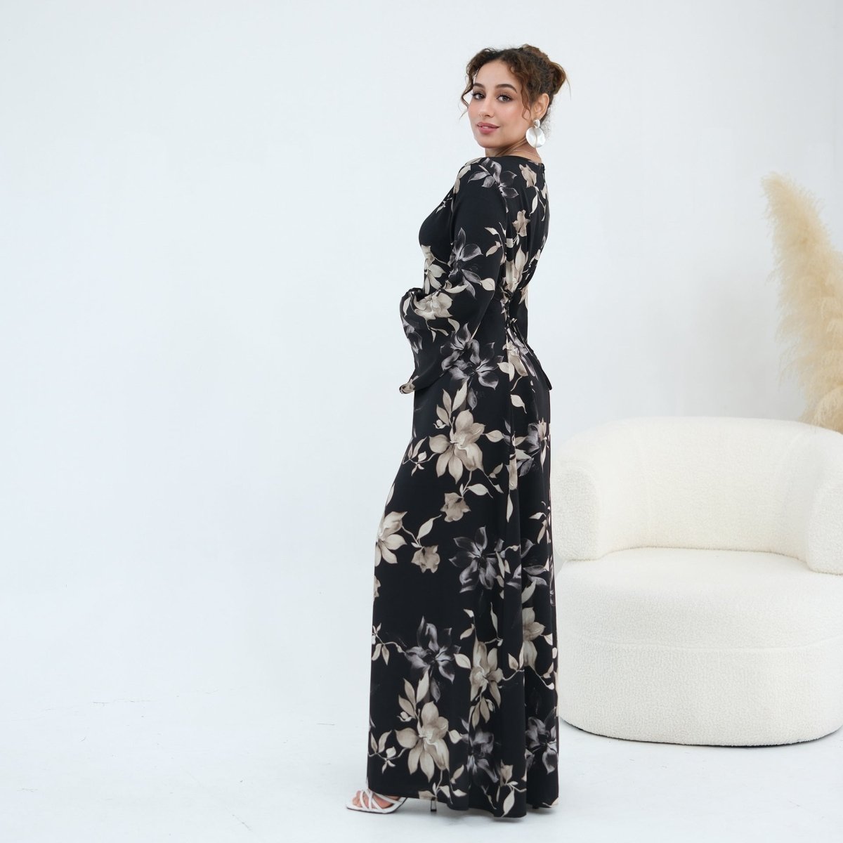 Ink Floral Satin Maxi Dress(MA434) - Mariam's Collection