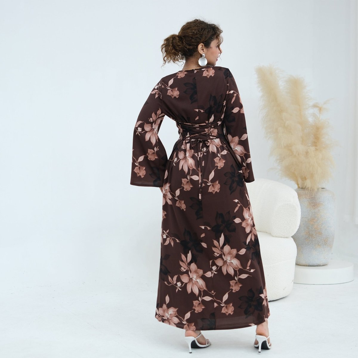 Ink Floral Satin Maxi Dress(MA434) - Mariam's Collection