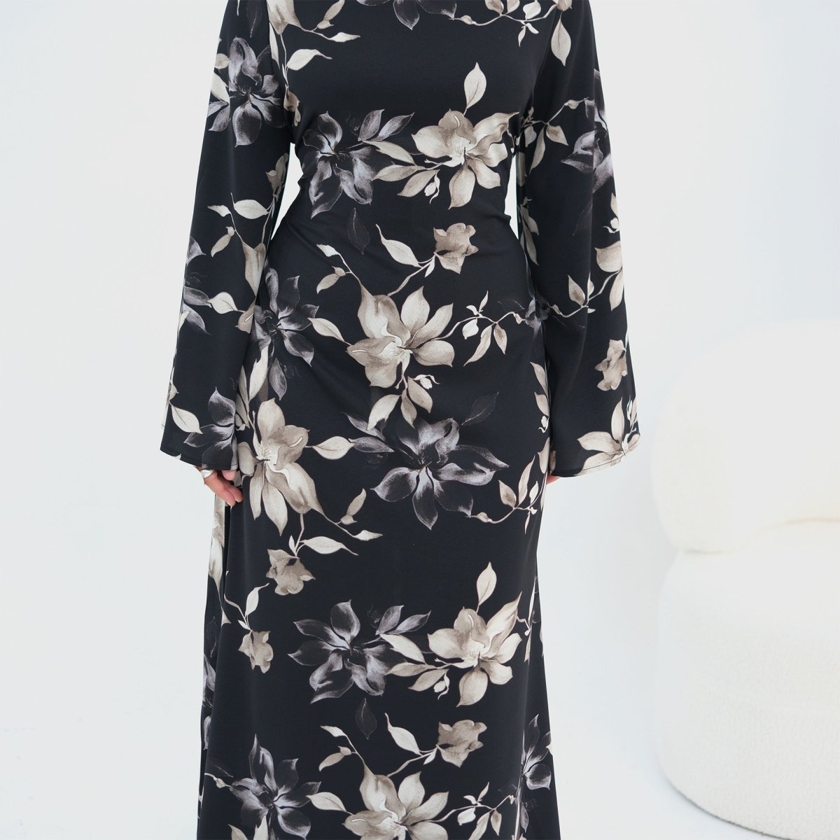 Ink Floral Satin Maxi Dress(MA434) - Mariam's Collection