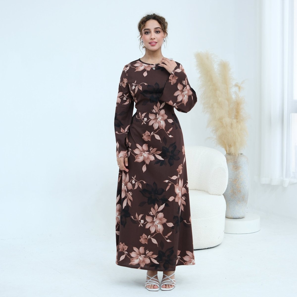 Ink Floral Satin Maxi Dress(MA434) - Mariam's Collection