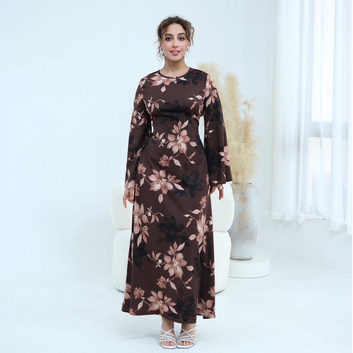 Ink Floral Satin Maxi Dress(MA434) - Mariam's Collection