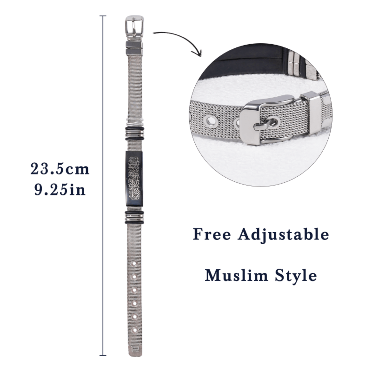 Islamic Calligraphy Silver Mesh Bracelet Premium Muslim Prayer Wristband with Arabic Script Design. (MAC243) - Mariam's Collection