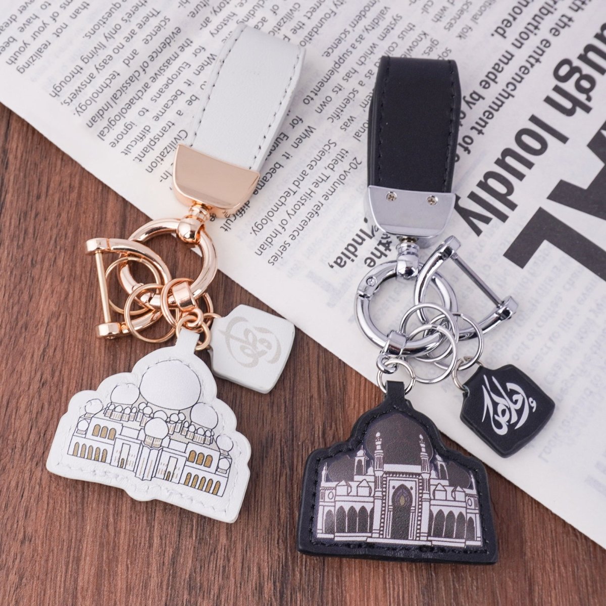 Islamic Leather Keychain with Arabic Calligraphy & Mosque Pendant Sheepskin Keychain (MAC284) - Mariam's Collection