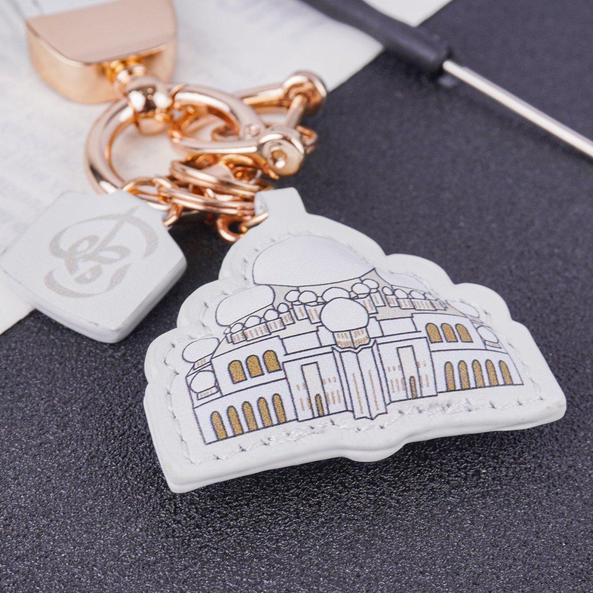 Islamic Leather Keychain with Arabic Calligraphy & Mosque Pendant Sheepskin Keychain (MAC284) - Mariam's Collection