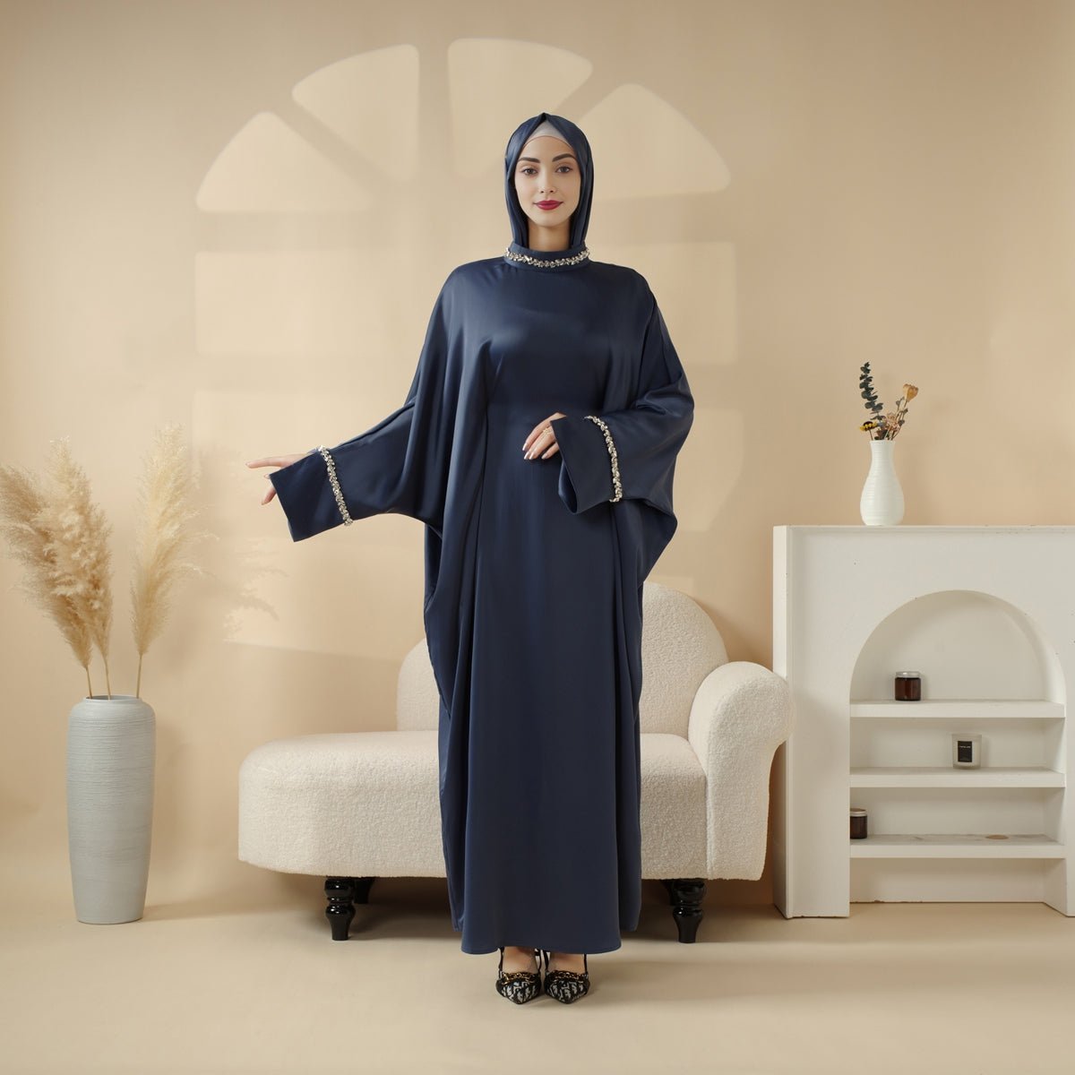 Kaftan Batwing Sleeve Luxury Satin Diamond Abaya 2 - Piece Set (MA121) - Mariam's Collection