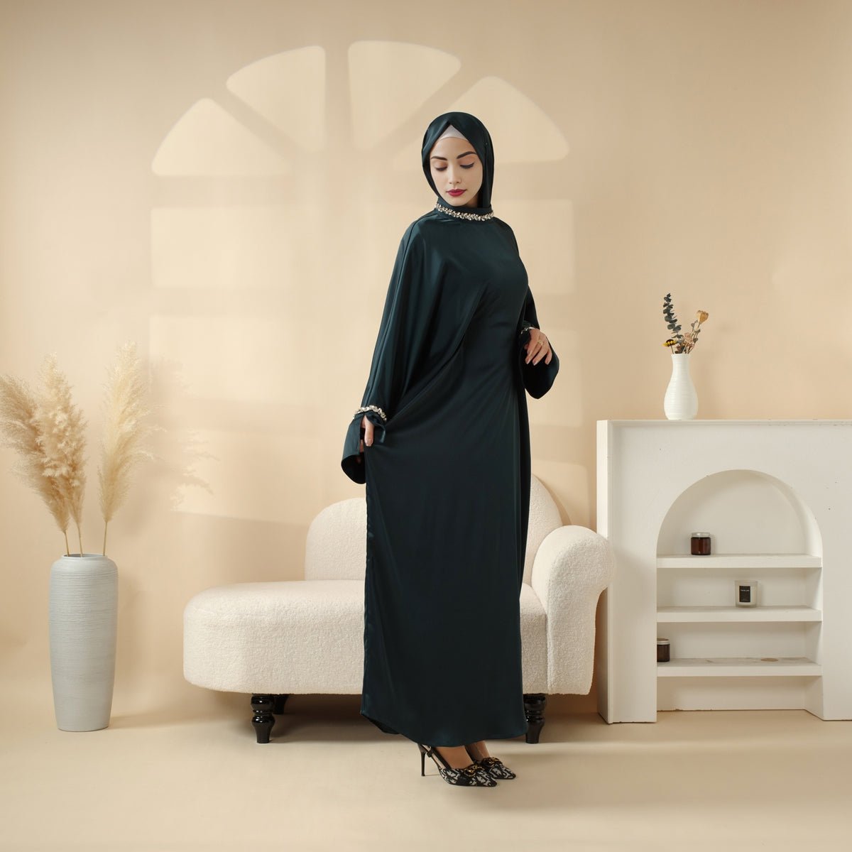 Kaftan Batwing Sleeve Luxury Satin Diamond Abaya 2 - Piece Set (MA121) - Mariam's Collection