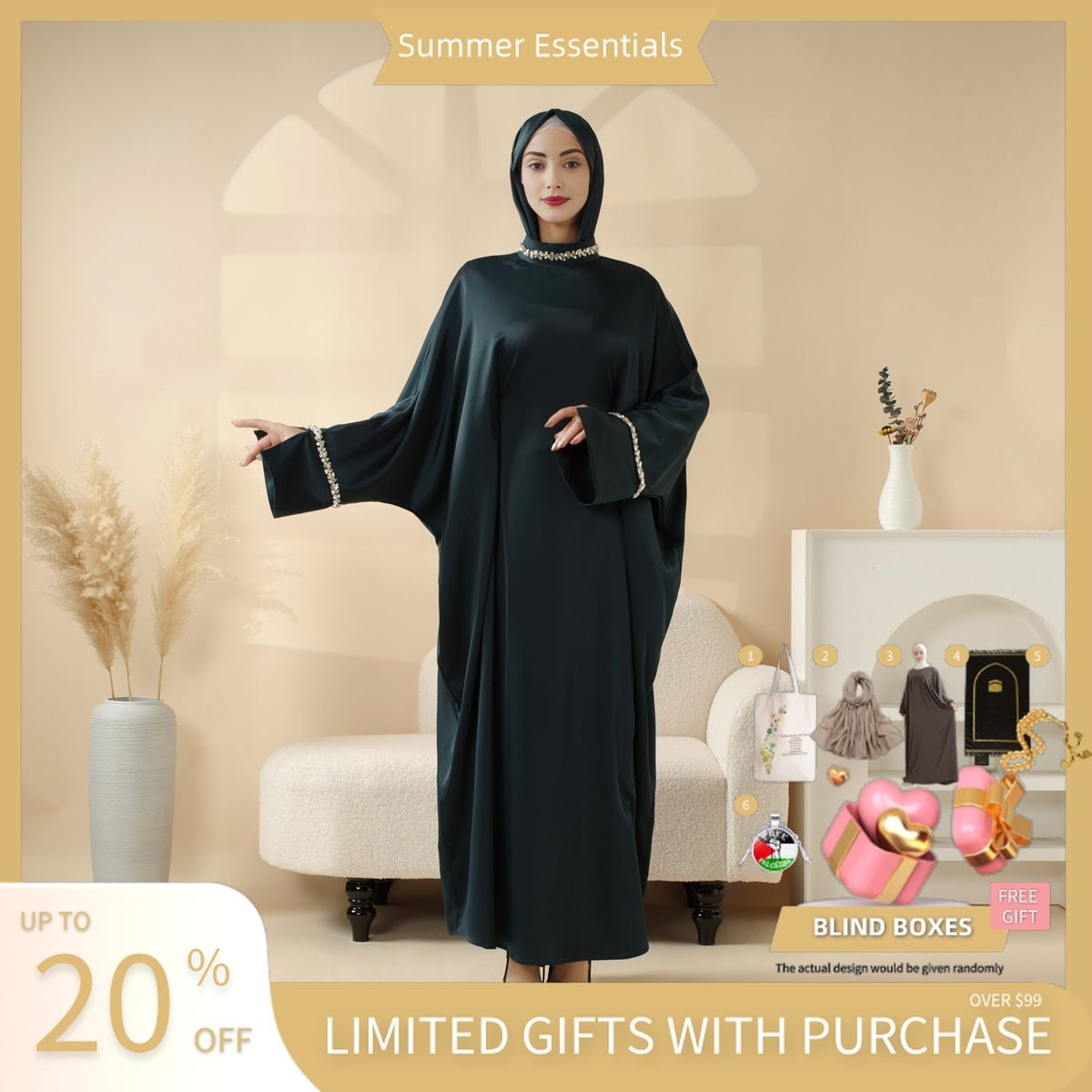 Kaftan Batwing Sleeve Luxury Satin Diamond Abaya 2 - Piece Set (MA121) - Mariam's Collection