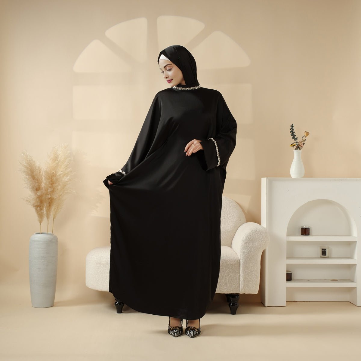 Kaftan Batwing Sleeve Luxury Satin Diamond Abaya 2 - Piece Set (MA121) - Mariam's Collection