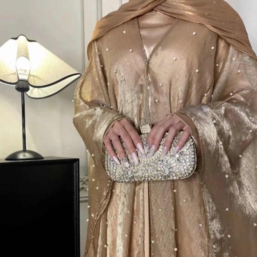 Kaftan Beaded Dazzling Shiny Open Abaya 2 - Piece Set (MOA111) - Mariam's Collection
