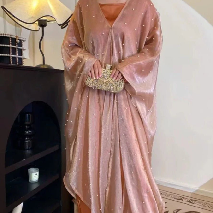 Kaftan Beaded Dazzling Shiny Open Abaya 2 - Piece Set (MOA111) - Mariam's Collection