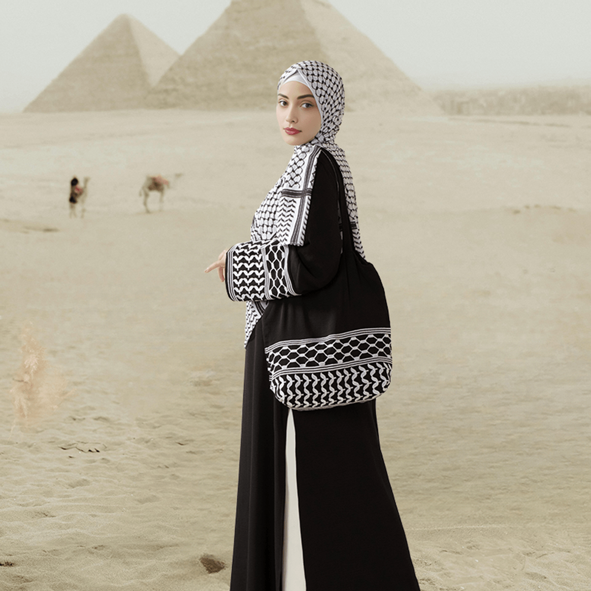 Keffiyeh Abaya Set – 4 - Piece Outfit with Inner dress Hijab & Bag - Mariam's Collection