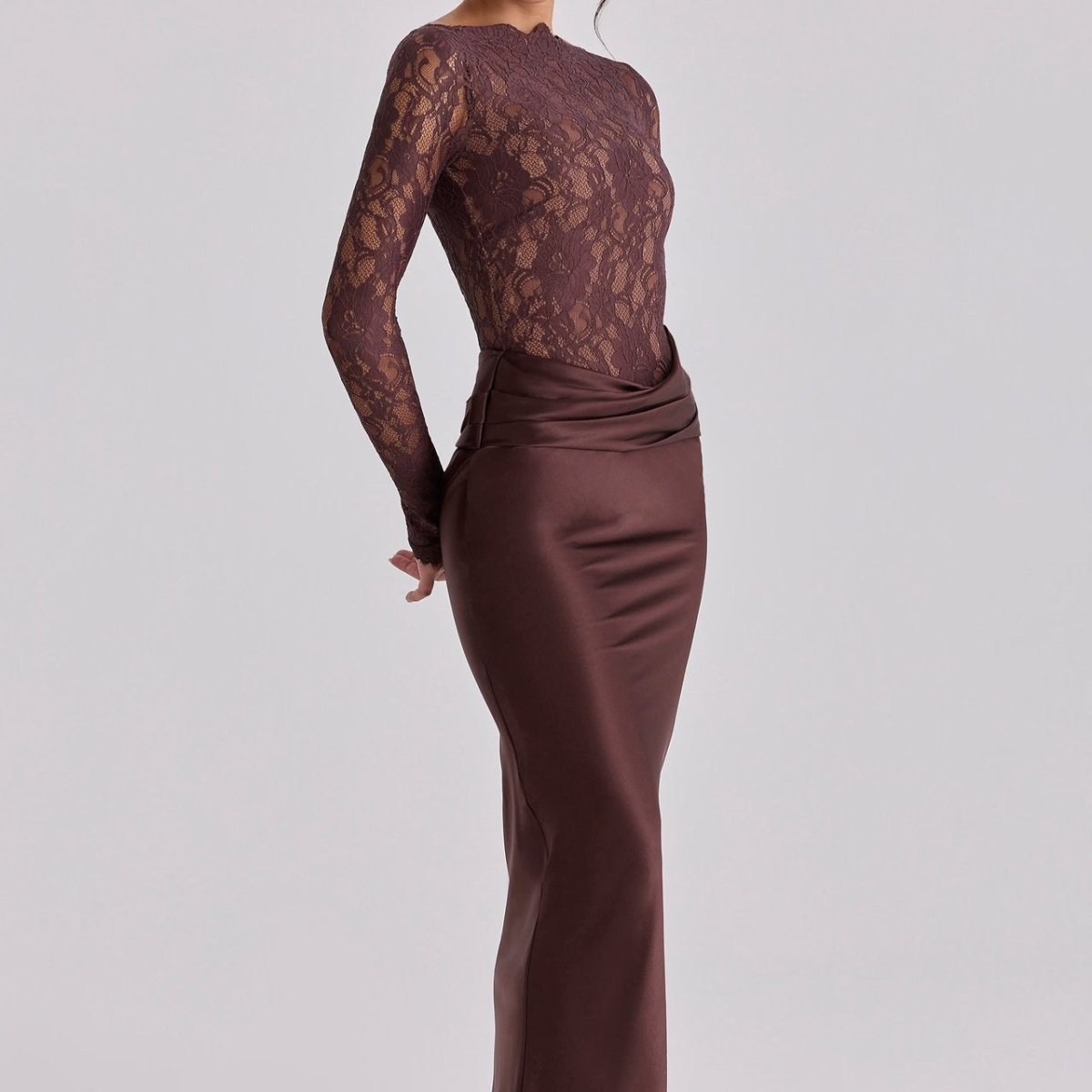 Lace Bodice Satin Ruched Mermaid Maxi Dress(MS415) - Mariam's Collection