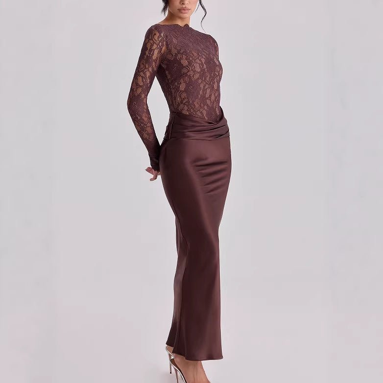 Lace Bodice Satin Ruched Mermaid Maxi Dress(MS415) - Mariam's Collection