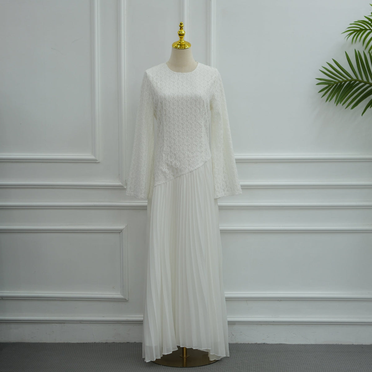 Lace Chiffon-Effect Pleated Maxi Dress | Lined Long-Sleeve Occasion Dress(MS574) - Mariam's Collection