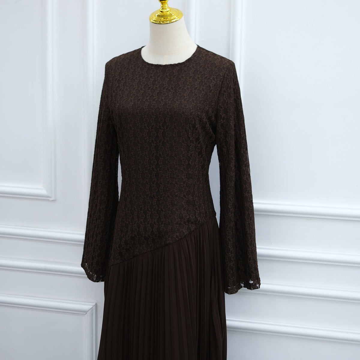 Lace Chiffon-Effect Pleated Maxi Dress | Lined Long-Sleeve Occasion Dress(MS574) - Mariam's Collection