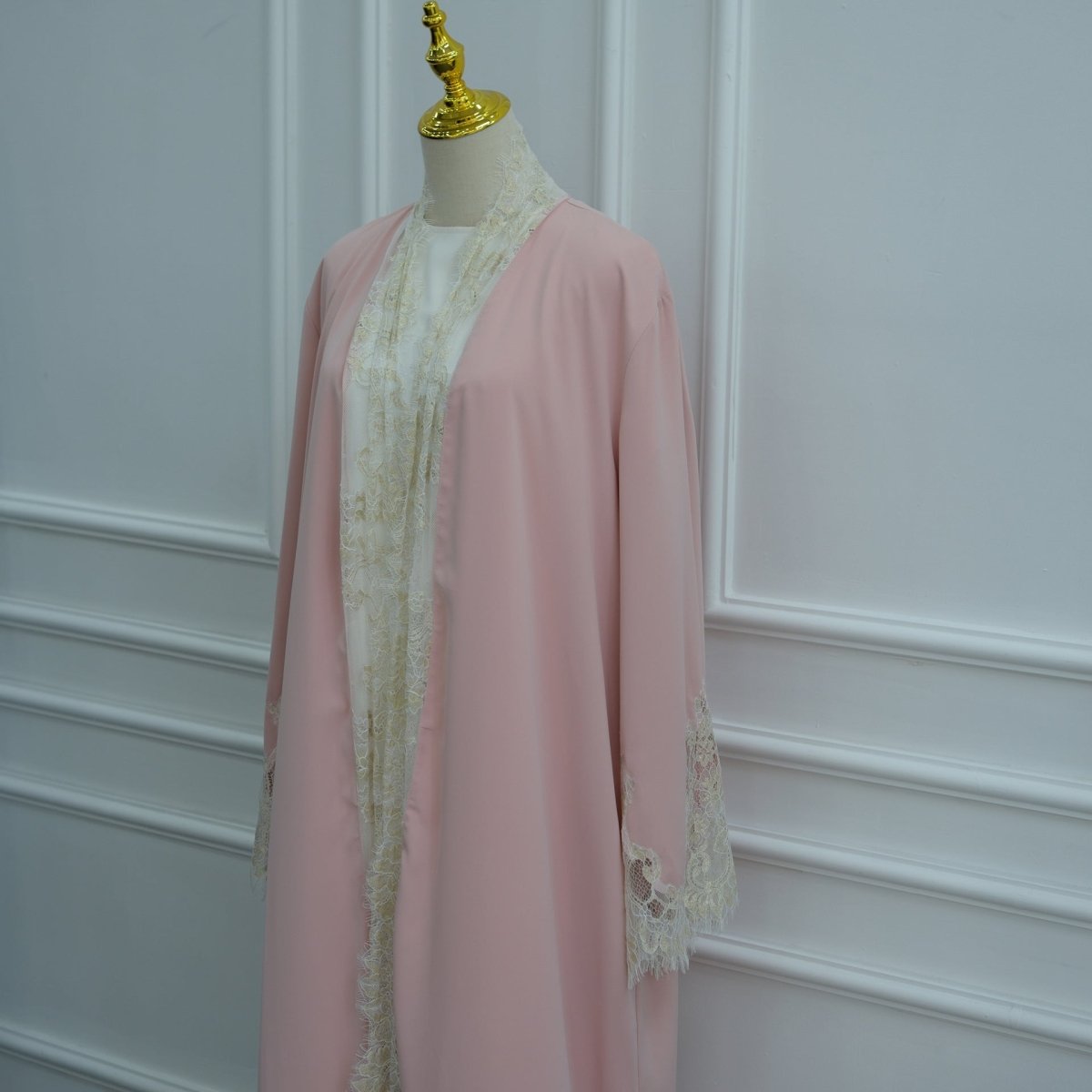 Lace-Panel Flared-Sleeve Open Abaya with Pockets(MOA332) - Mariam's Collection