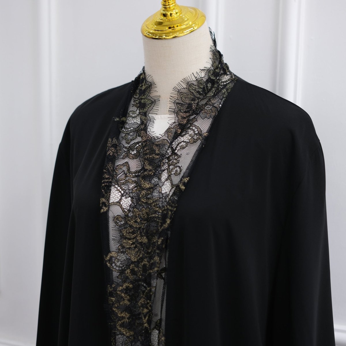 Lace-Panel Flared-Sleeve Open Abaya with Pockets(MOA332) - Mariam's Collection