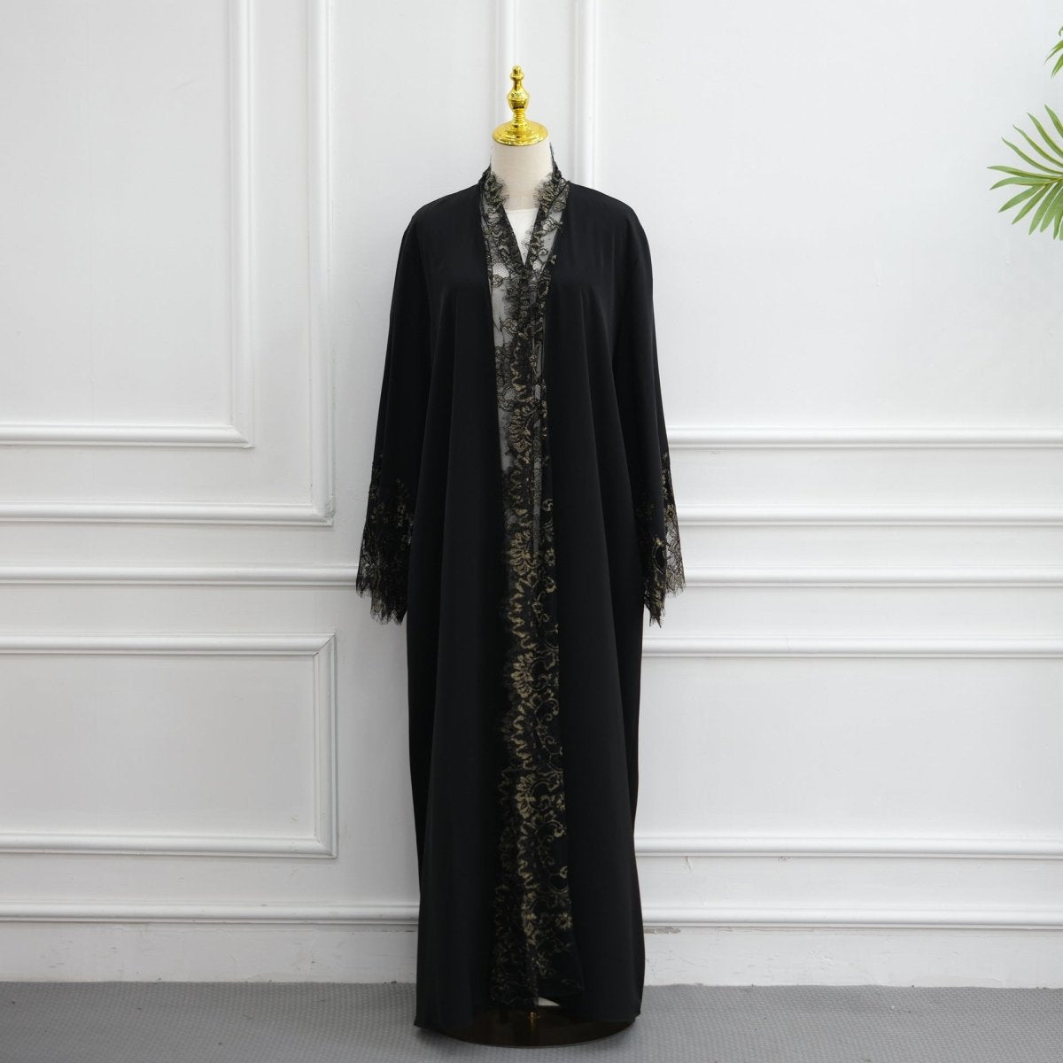Lace-Panel Flared-Sleeve Open Abaya with Pockets(MOA332) - Mariam's Collection